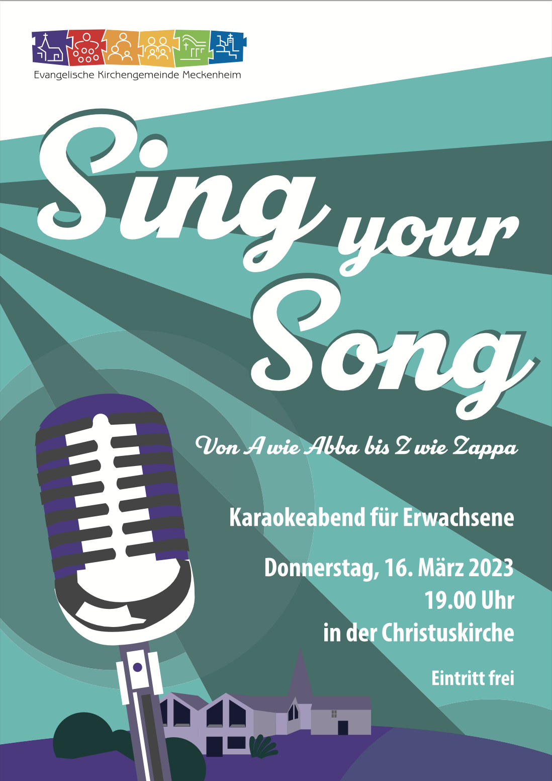 Gestalteter Flyer zum Karaoke Singen am 16.03.23 um 19 Uhr in der Christuskirche. Von A wie Abba bis Z wie Zappa. Der Eintritt ist frei.