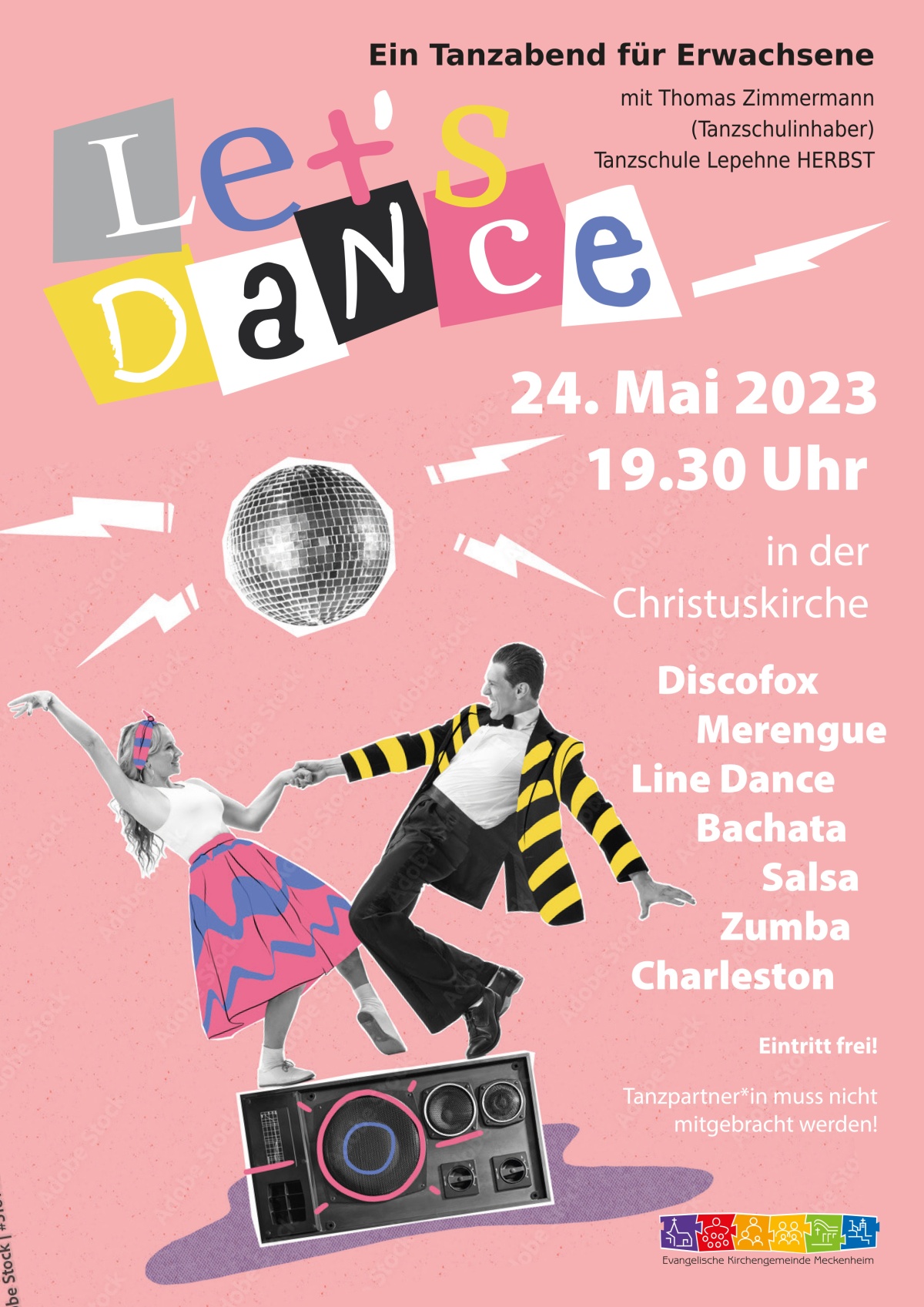 Gestalteter Flyer zum Tanzabend für Erwachsene- Let's Dance am 24.05.2023 ab 19:30 Uhr in der Christuskirche. Der Eintritt ist frei.