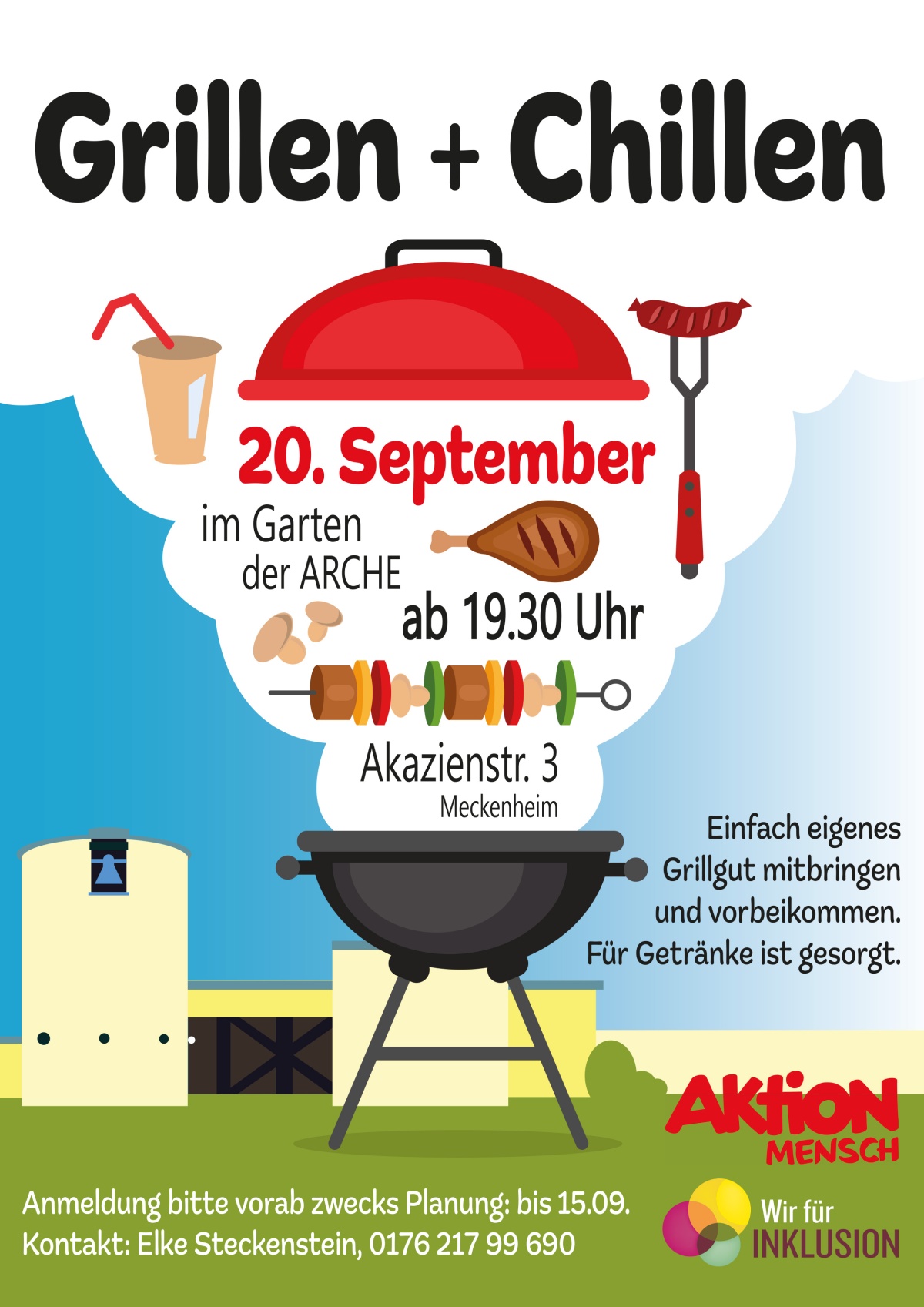 Gestalteter Flyer zum Event Grillen + Chillen am 20.10.2023 im Garten der Arche ab 19:30 Uhr. Eigenes Grillgut soll mitgebracht werden, für Getränke ist gesorgt. Es wird zwecks Planung um vorherige Anmeldung bis zum 15.09.2023 gebeten.