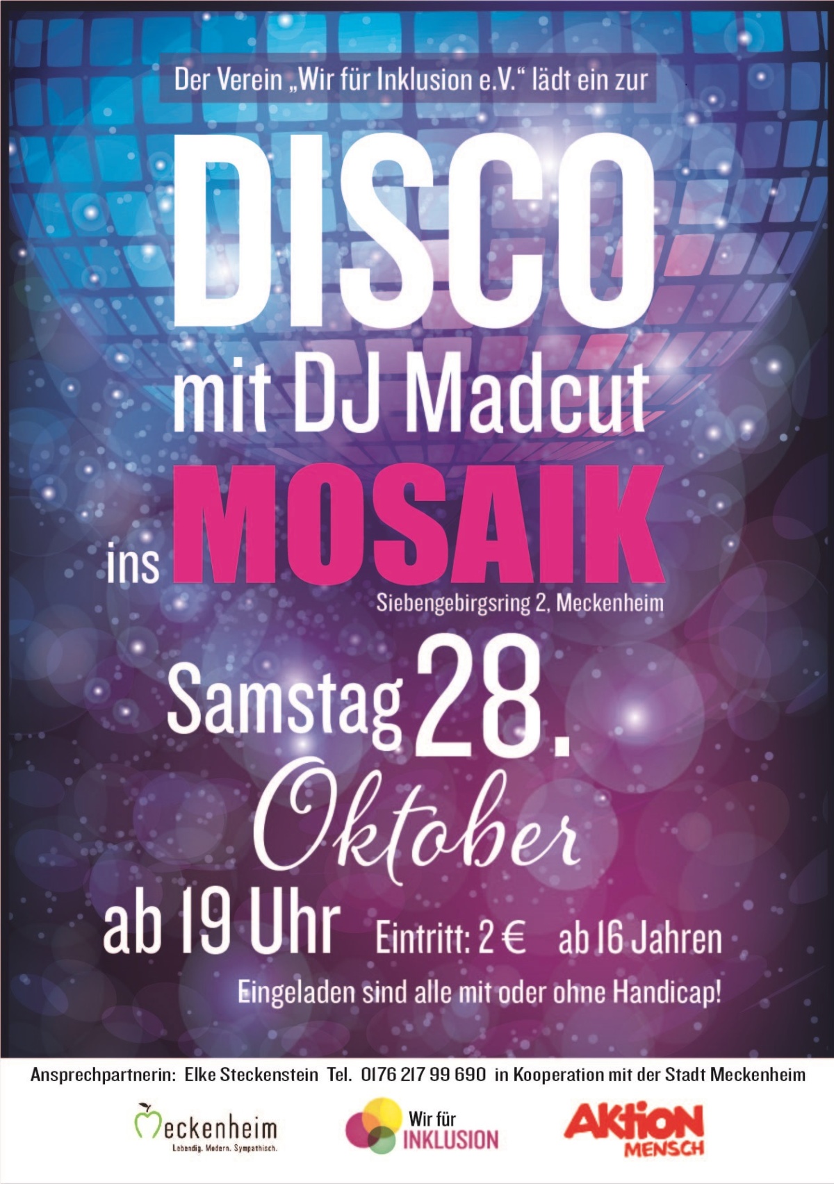 gestalteter Flyer zur Disco am 28.10.23 mit DJ Madcut im Mosaik. Der Einlass ist ab 19 Uhr und der Eintritt kostet 2€. Eingeladen sind alle menschen ab 16 Jahre.